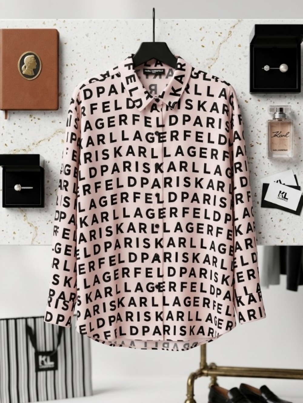 NWT Karl Lagerfeld Paris Pink Allover Logo Typography Button Up Blouse